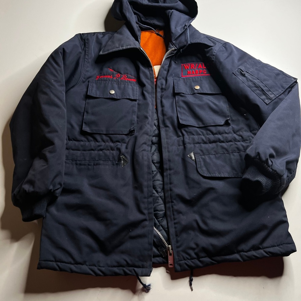 Vintage F-15 Eagle Fighter Jet Parka Jacket Navy Blue Military Embroidered XL